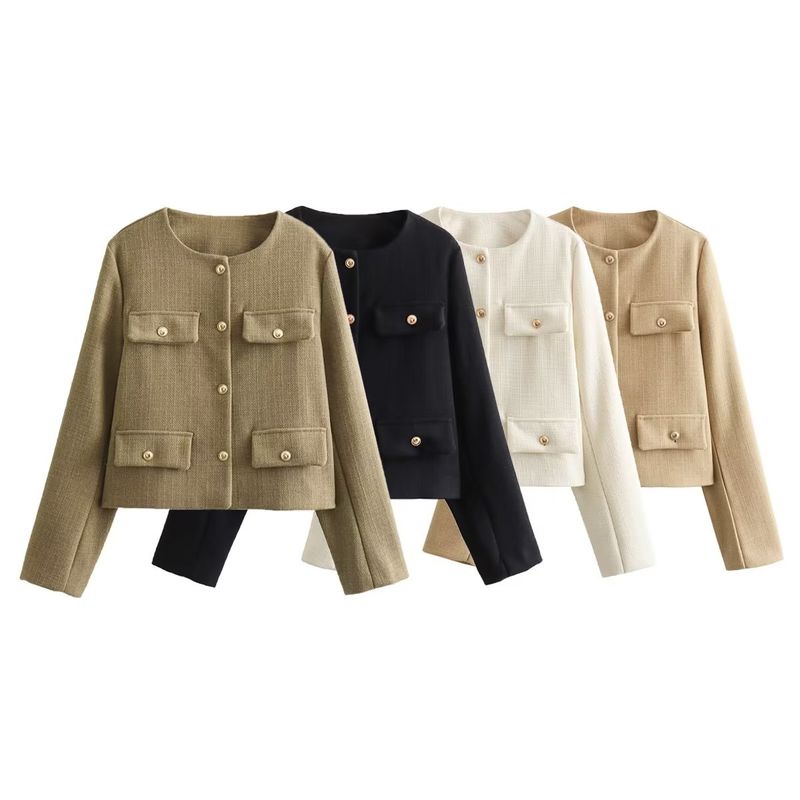 Damenbekleidung Mode Knopf Dekoration kurze Anzugjacke_voghion.com