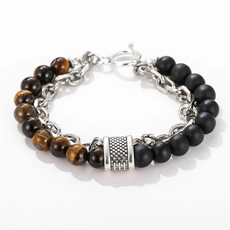Stone Beaded Chain Bracelet With Tiger Eye And Howlite Marble_voghion.com
