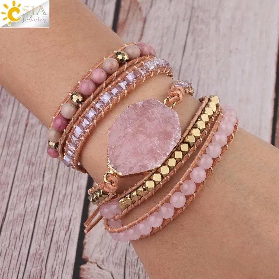 Charm CSJA Naturstensarmband Rosa Kvarts Läderarmband för Kvinnor Rosenstenar Kristallpärlor Bohemiska Smycken 5_voghion.com