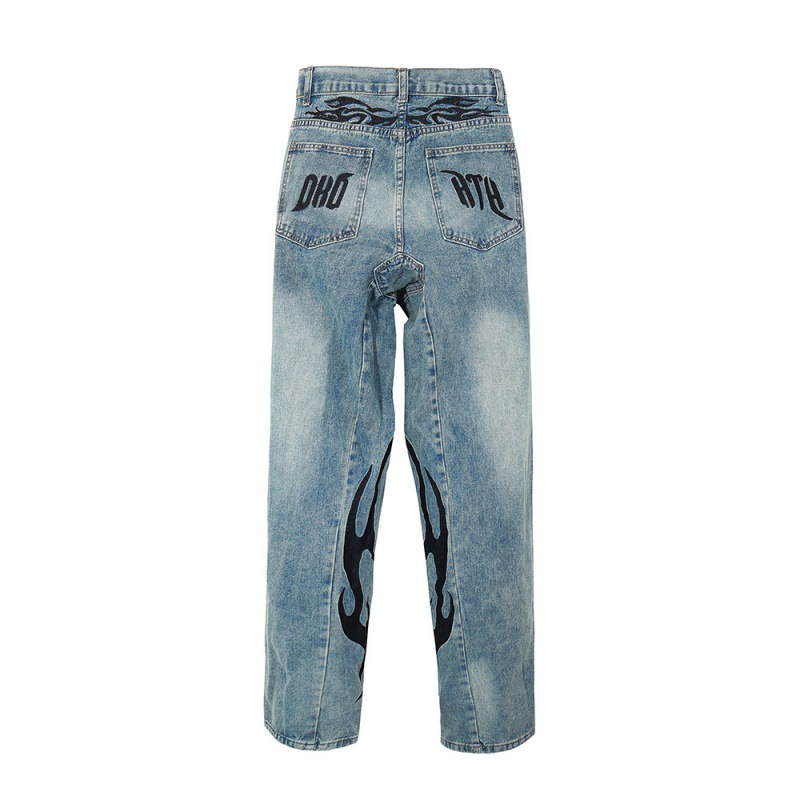 Pantalon en denim droit brodé avec lettres pour hommes, pantalon décontracté ample délavé pour hommes, ambiance tendance de la rue, niche