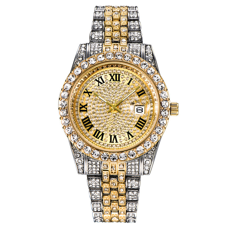 Hip hop Men Brand Full Diamond Alloy Band Date Watch_voghion.com