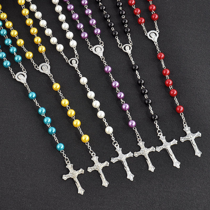 Collar de borlas largas con cruz de perlas y rosario transfronterizo de Europa y América, cadena de suéter unisex de temperamento de moda