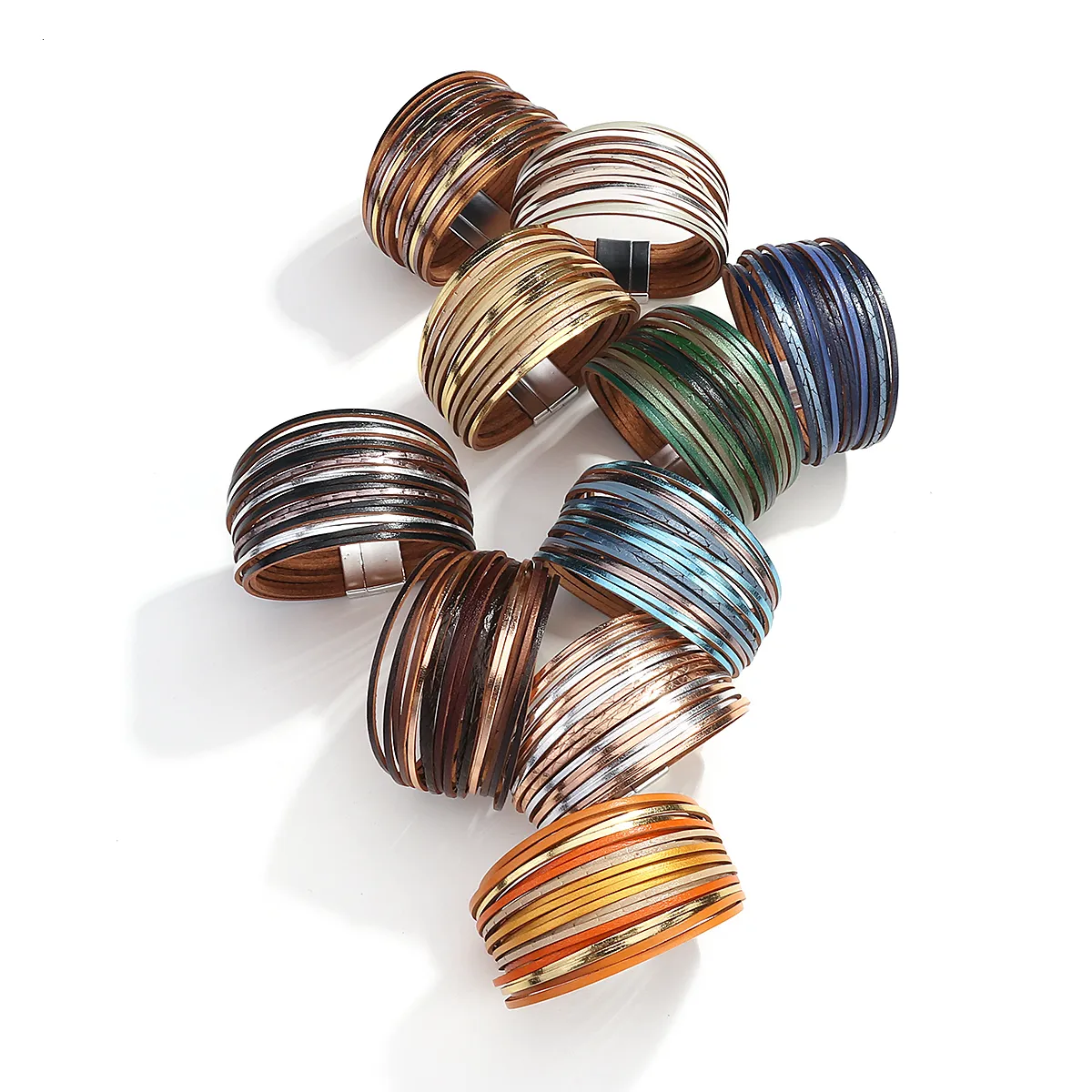 Charm ALLYES Boho Braccialetti in pelle multistrato a strisce sottili per donna Bracciale avvolgente multicolore alla moda Semplice unisex_voghion.com
