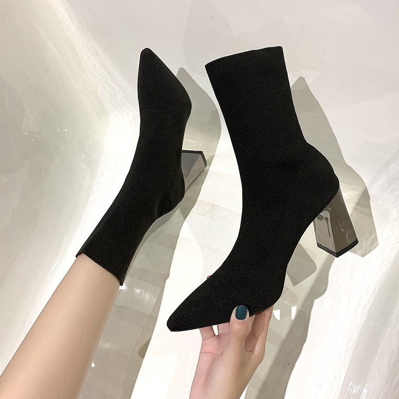 2024 New Martin British style High Heel Sock Pointed Short Women's Spring Autumn Thick Heels Slim and Ankle Boots_voghion.com