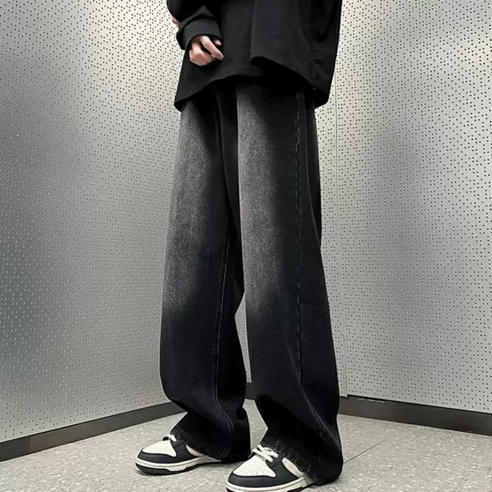 Men's Jeans Men Retro Washed Blue Hop Denim Trousers With Gradient Contrast Color Wide Leg Pockets High Street Style For_voghion.com