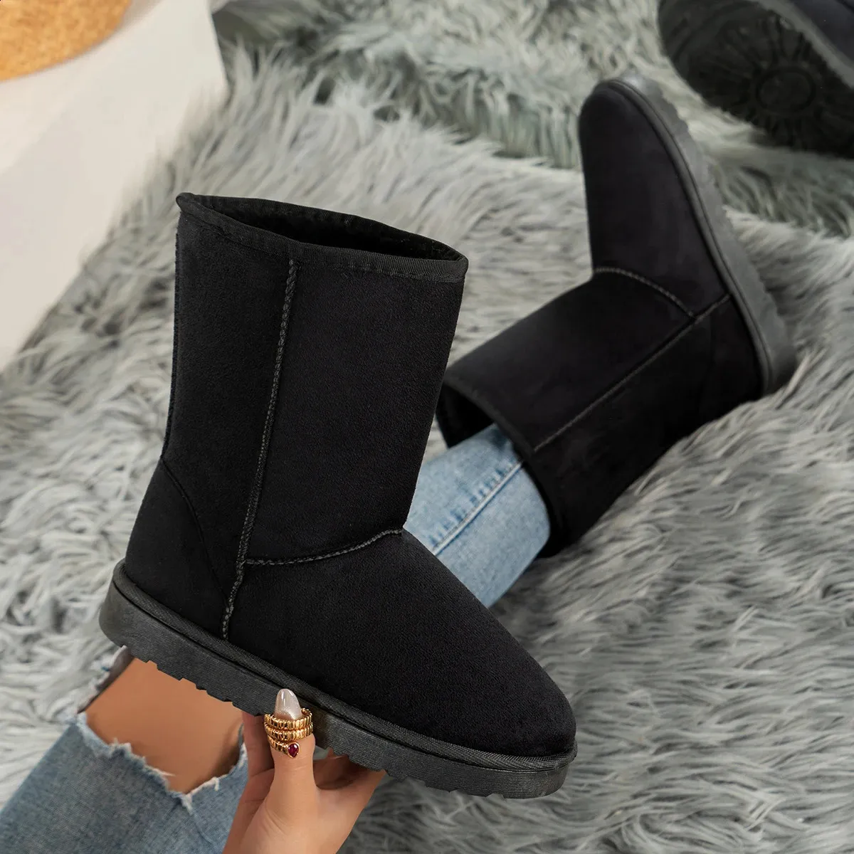Schuhe im Angebot Hochwertige Winter-Slipper bis zur Mitte der Wade Damenmode Solide Casual Snow Große Plateaustiefel 240826_voghion.com