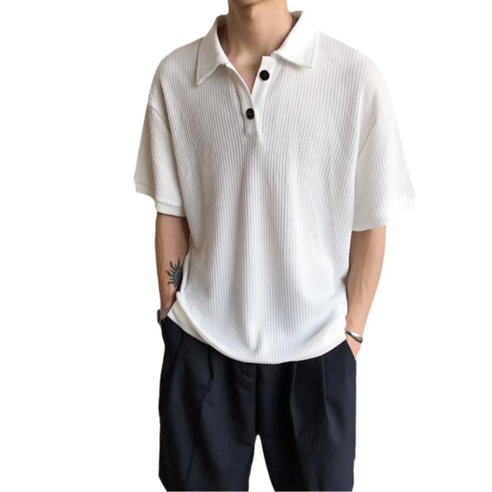 Herren Waffelpiqué Poloshirt Karo Muster Locker Kurzarm Sommer_voghion.com
