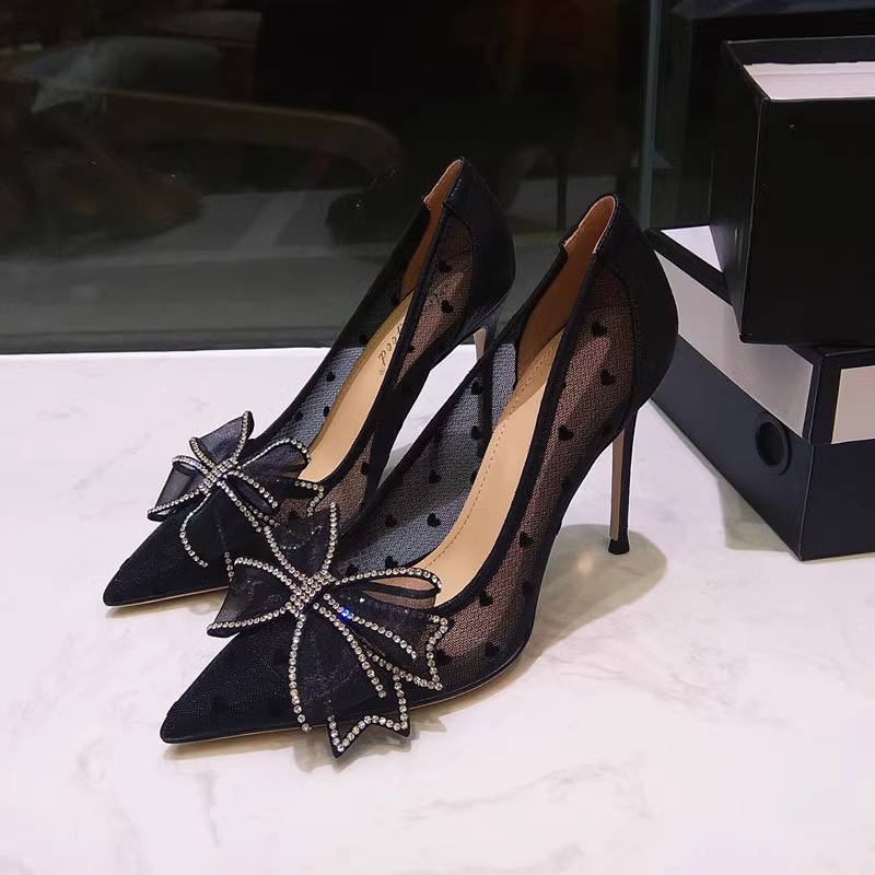 Zapatos de mujer, tacones altos de mujer, tacones de aguja, zapatos de malla con lazo versátiles, zapatos de punta puntiaguda con encaje, zapatos de boda para mujer