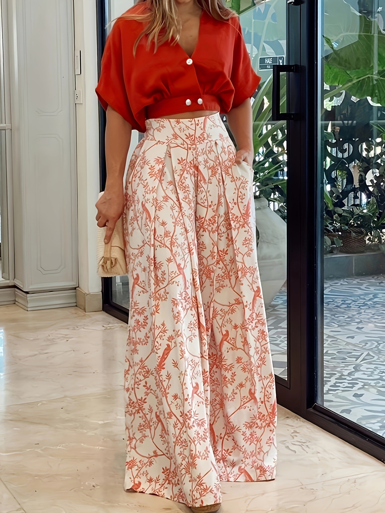 2024 Mode Lässig Zweiteiler Bedruckte Hose Mit Weitem Bein Knopf Strickjacke Chiffon Hemd Stil Set_voghion.com