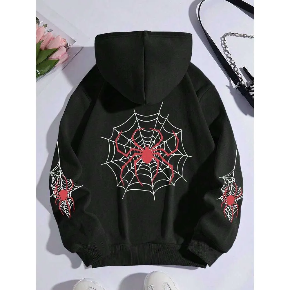Hoodie mit Rundhalsausschnitt und Spinnweben-Aufdruck für Damen, warmes Fleece-Sweatshirt, modisch, lässig, Tracuit, übergroß, für Damen_voghion.com