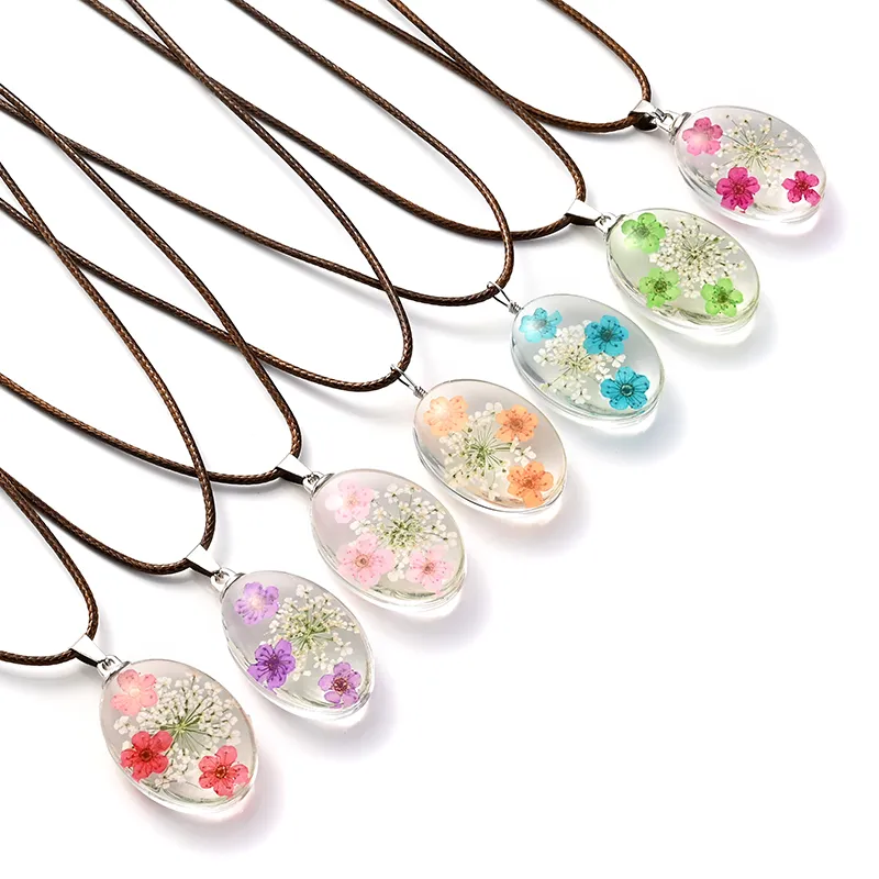 Chaînes Transparent Ovale Véritable Fleur Naturelle Séchée Verre Pendentif Chaîne En Cuir Collier Jonquilles Marguerite Blomoss Pétale_voghion.com