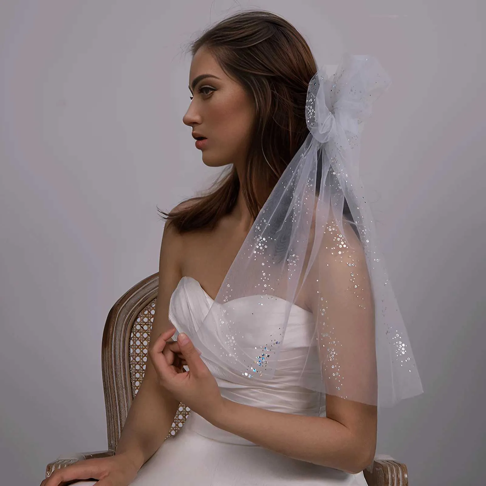 Gioielli Corto fiocco da sposa da sposa con pettine per capelli Scintillante velo morbido per la sposa Ragazza di fiori Accessori per addio al nubilato_voghion.com