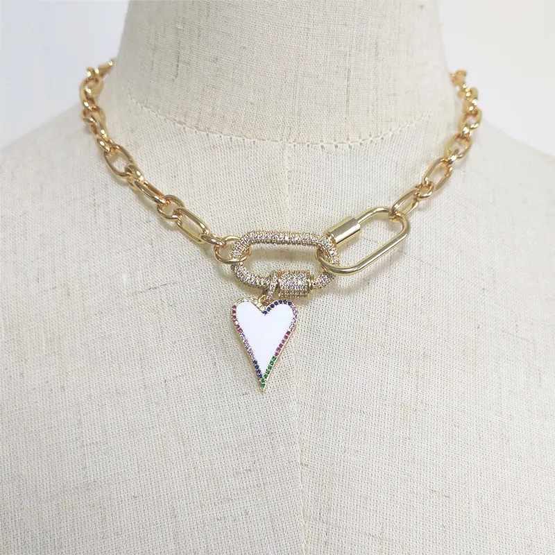 Collane con ciondolo Moda Cuore bianco Collana Catena color oro massiccio per donne Stile hip-hop Choker apribile Moschettone_voghion.com