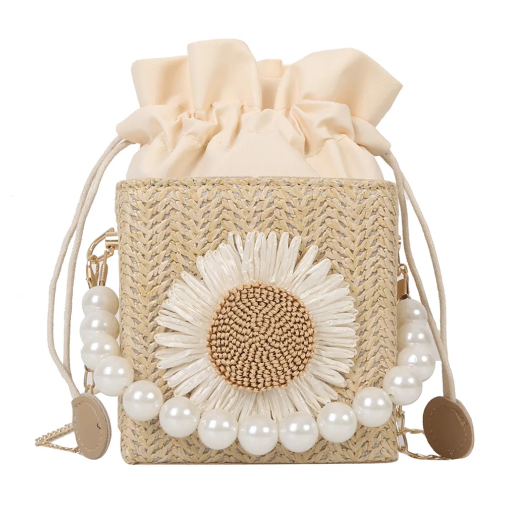 Borsa a tracolla quadrata da donna, leggera e traspirante, in paglia e perle, per viaggi di piacere e vacanze, con girasole_voghion.com