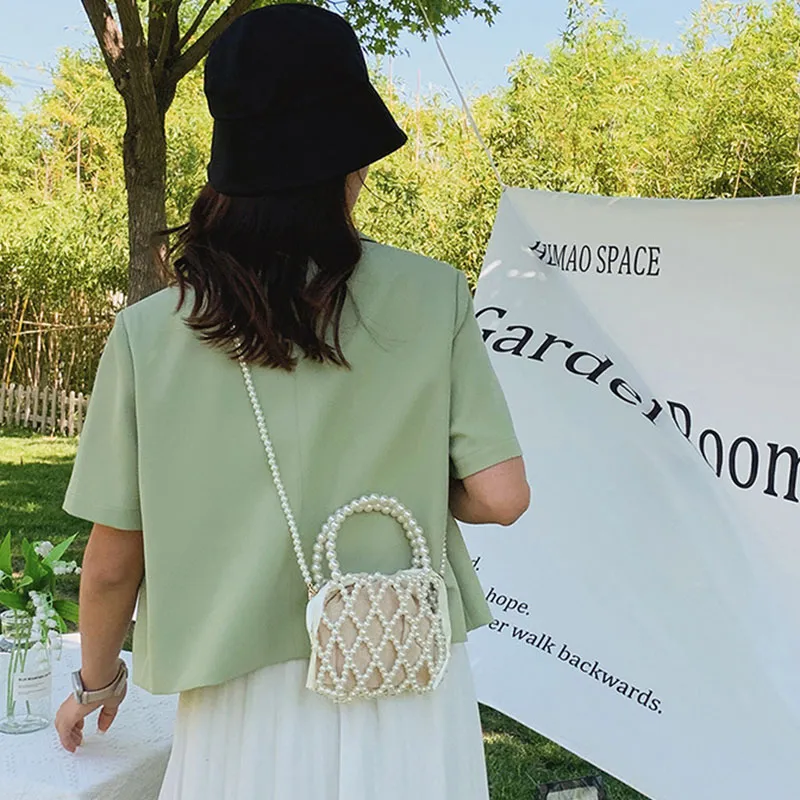 Yogodlns Mini borsa a secchiello da donna, borsa a tracolla intrecciata con perle, borsa a mano, portafoglio, borsa a tracolla da donna_voghion.com