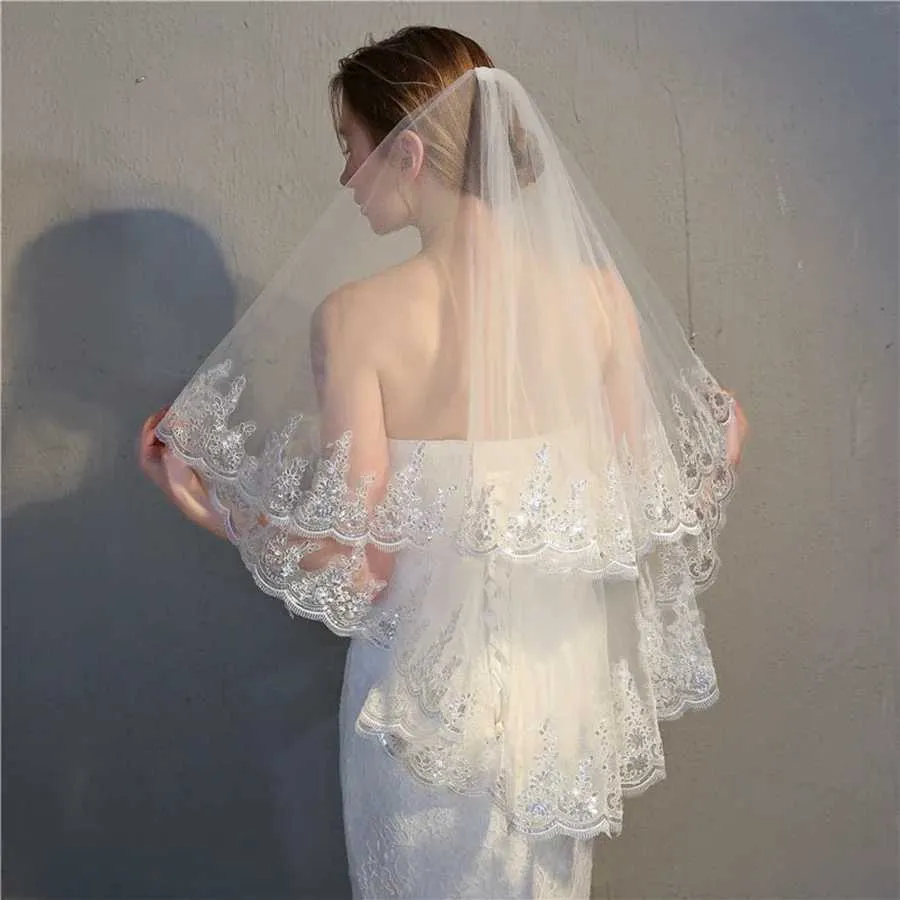 Hair Jewelry Hot Sale Cheap White Ivory Two Layers Wedding Lace Edge Sexy Short Bride Veils 2024_voghion.com