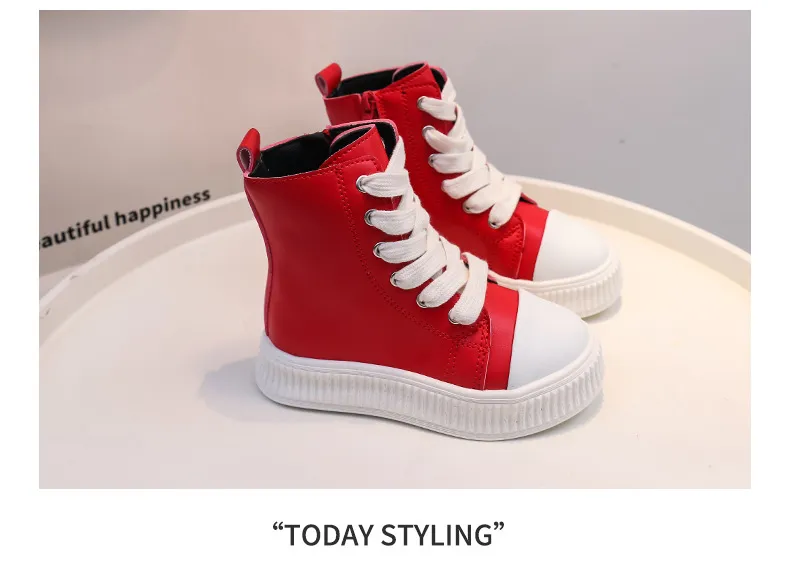 Tênis plataforma infantil preto vermelho couro zíper cadarço crianças meninos meninas casual happysteps fundo grosso criança alta_voghion.com