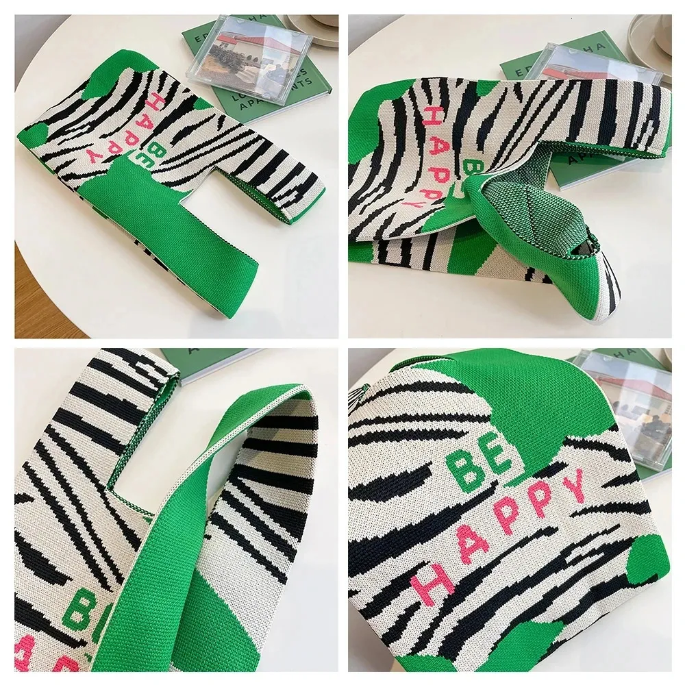 Borsa a mano in maglia fatta a mano da donna Mini borsa da polso con nodo Borsa per la spesa riutilizzabile per studenti a righe larghe scozzesi a colori casual_voghion.com