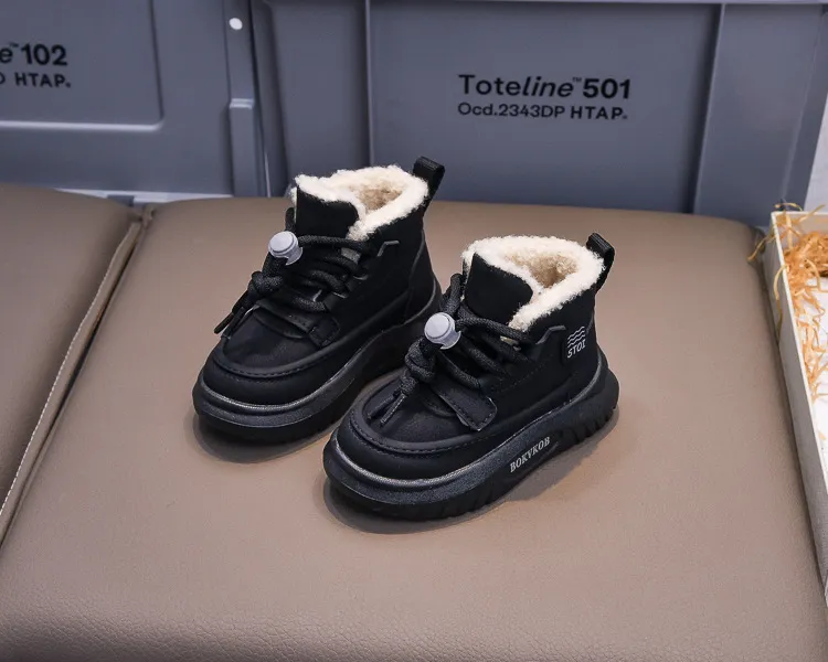Toddler PU Leather Snow Children Thick Warm Boy's Cotton Anti-slip Girl Fur Boots For Cutefeet Kids Winter Plush Shoes_desvips.com