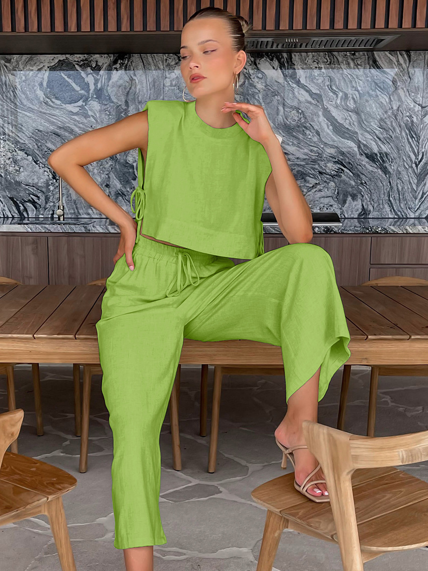 Women's Clothing Fashion cotton and linen suits style shoulder pad sleeveless tops and trousers two-piece suits_voghion.com