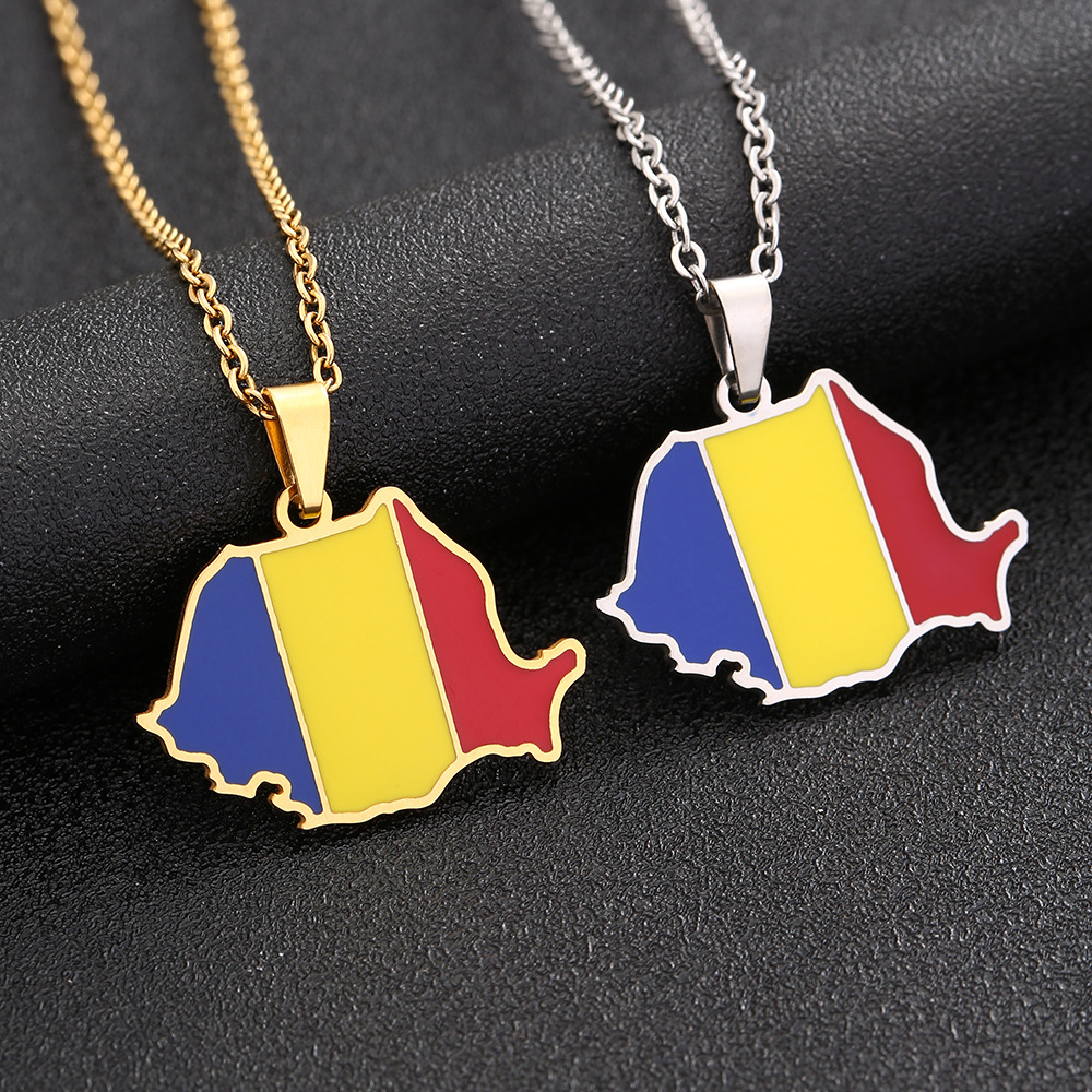 Collier en acier inoxydable avec carte de la Roumanie pour hommes et femmes, pendentif en forme de goutte d'huile en acier au titane de style ethnique, accessoires tendance, offre spéciale