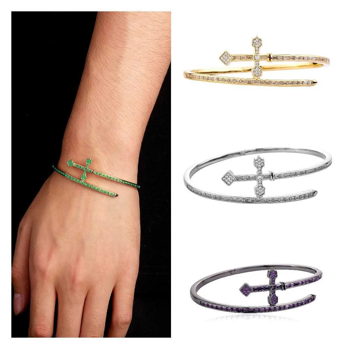 Sword Of Justice Symble Open Cuff Bangle Bracelet Ins Hip Hop Cross Green Purple Color AAA CZ Stone Shiny Cubic Zirconia_voghion.com