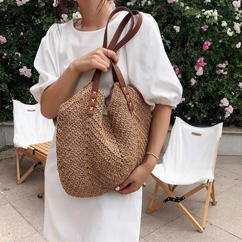 Summer grass woven shoulder bag Latan Beach large capacity handmade vacation travel shopping handbag Y241011_voghion.com