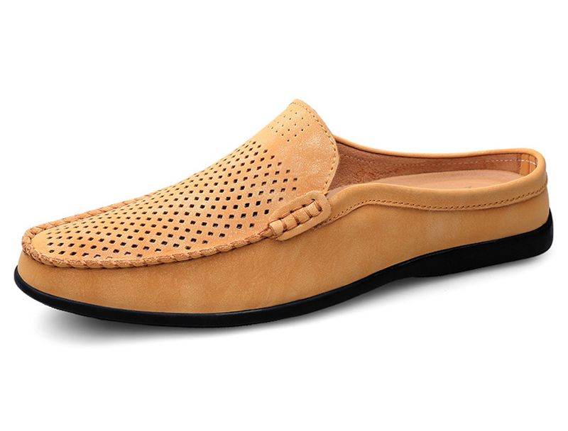 Sommer Slipper Halbschuhe für Herren Leder Slipper Casual Pantoletten Atmungsaktiv Bequeme Halbschuhe Mokassins Gelb Schwarz Beige_voghion.com