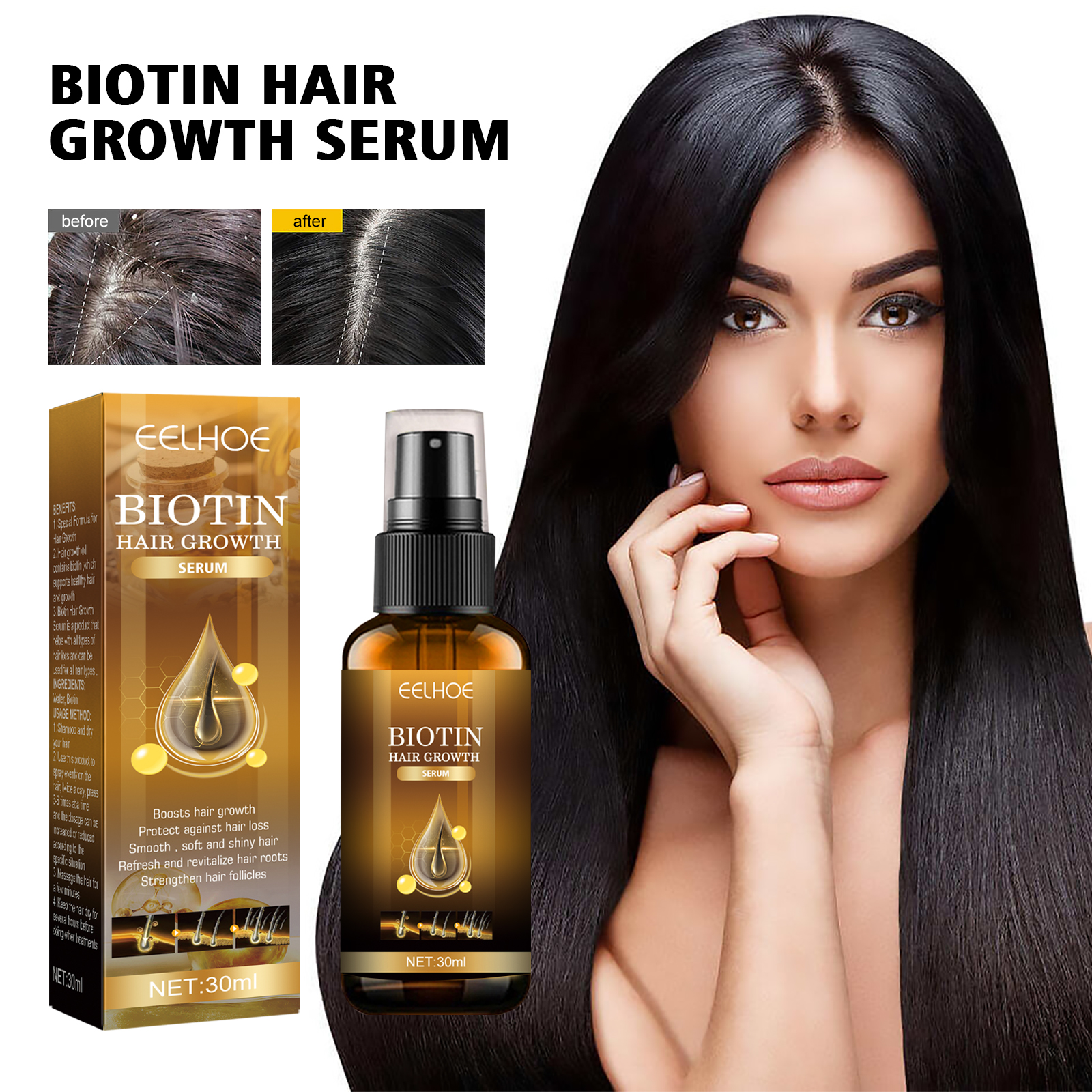 Spray de biotina para el crecimiento del cabello EELHOE: spray reparador y anticaída para el cuidado del cabello y estabilización de raíces._voghion.com