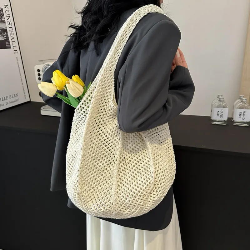 Damen Umhängetasche Lässige, handgefertigte Tragetaschen aus Strohgeflecht mit großer Kapazität für den Sommerstrand_voghion.com