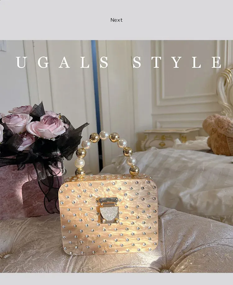 Acryl-Box-Form-Clutch-Tasche Perlengriff Handtasche Dia Metall glänzend Gold Frauen Abendparty süße Geldbörse Hochzeit 240822_voghion.com