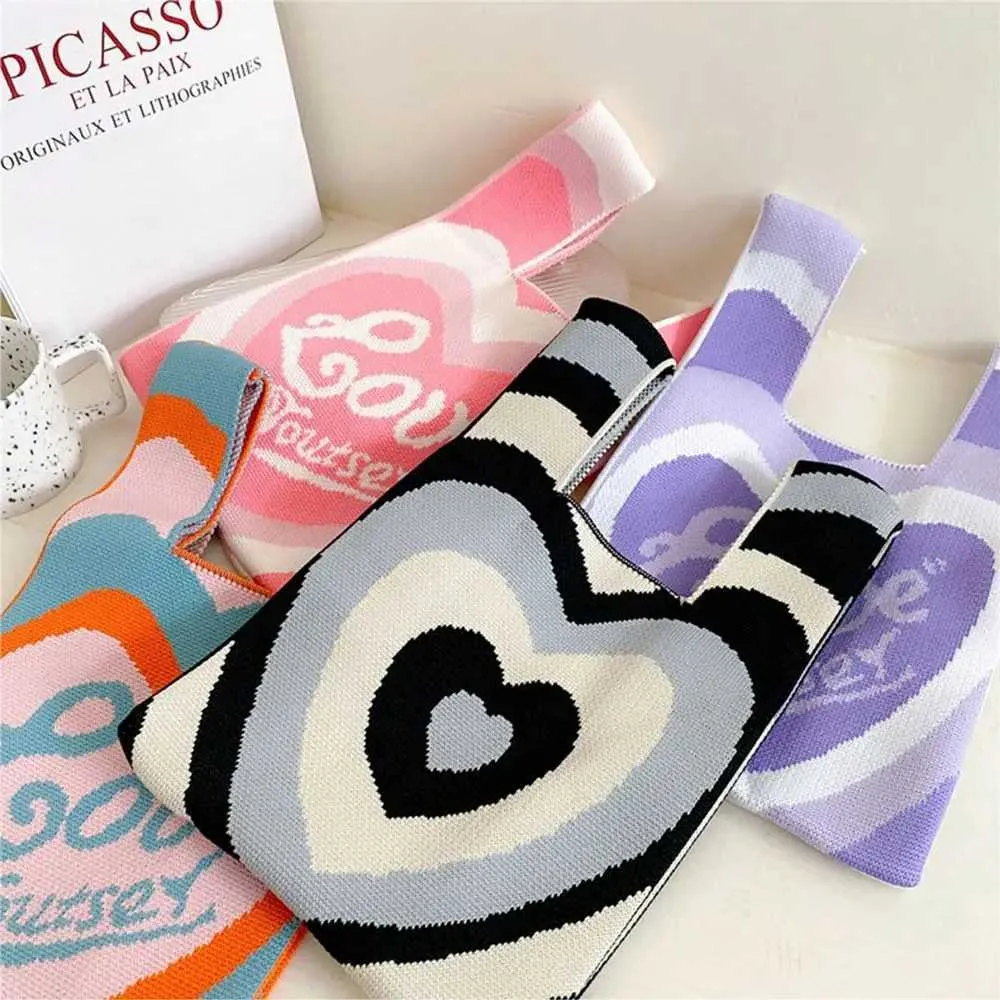 Leisure mini knot wrist handmade knitted colorful plain weave handbag student reusable shopping bag Y241106_voghion.com