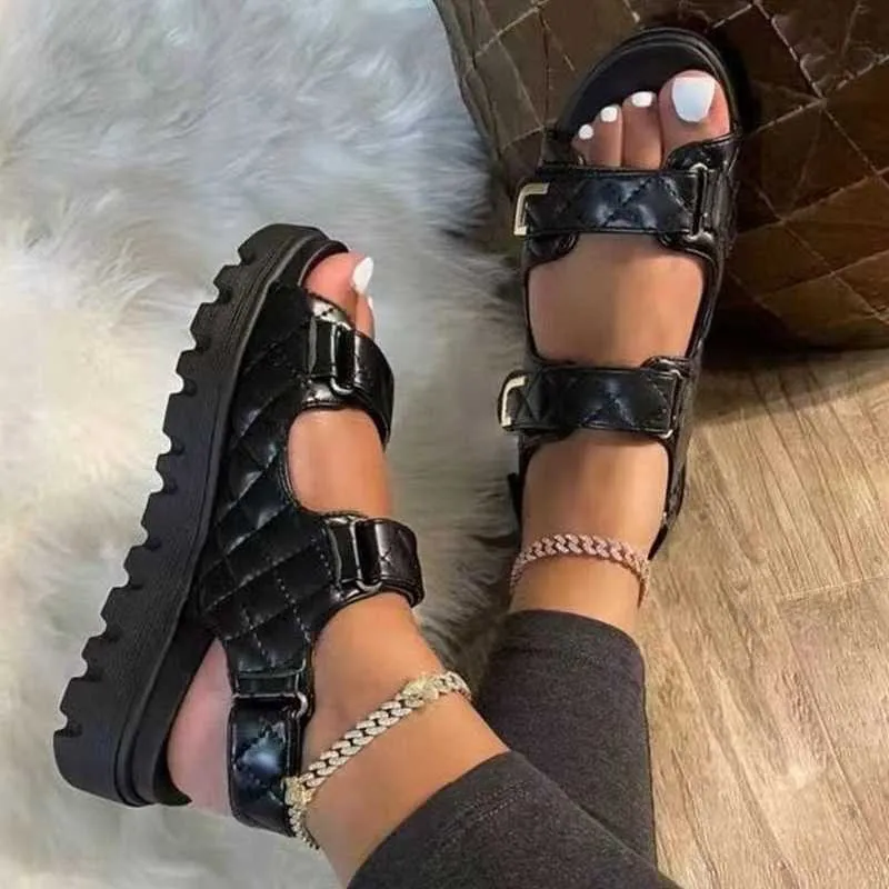 Slippers 2023 Plaid Buckle Strap Sport Women's Casual Open Toe Beach Anti-Slip Platform Flat Sandals Ladies Shoes 2305_voghion.com