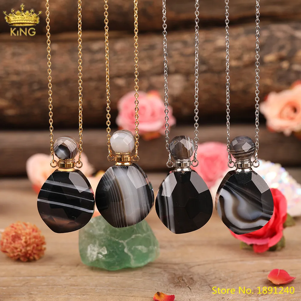 Collares colgantes con piedra de ágata negra natural facetada, botella de perfume para mujer, collar difusor de aceite esencial de ónix dorado_voghion.com
