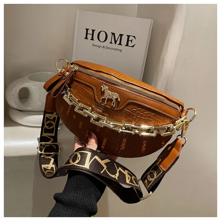 Thick Chain Women's Waist Fanny Pack Fashion Crossbody Chest Bags Female Belt Crocodile Shoulder Bag_voghion.com