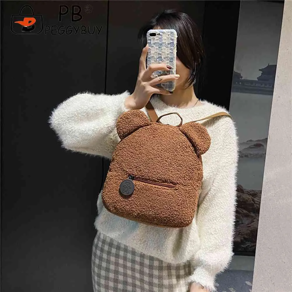 Casual Fleece Bear Shaped Shoulder Cute Women Backpack Children School Bag Travel Rucksack Solid Color Handbag_voghion.com