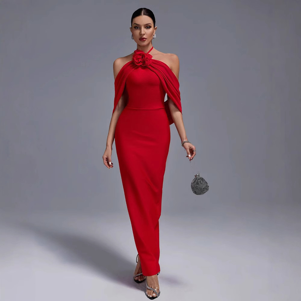 cross Border European And American New Three Dimensional Flower Decoration Halter Neck Sexy Off Shoulder Backpack Hip Dress Women's Clothing