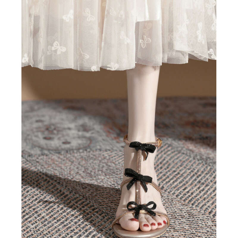 klassische Strass-Sandalen, schwarze Schleife im Feenstil, römisches Band, ausgehöhlte Prinzessinnen-Damenschuhe_voghion.com