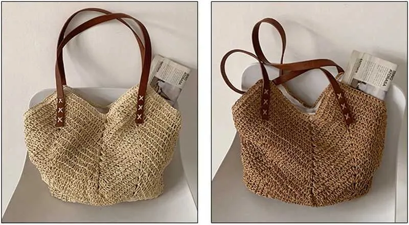 Summer grass woven shoulder bag Latan Beach large capacity handmade vacation travel shopping handbag Y241011_voghion.com