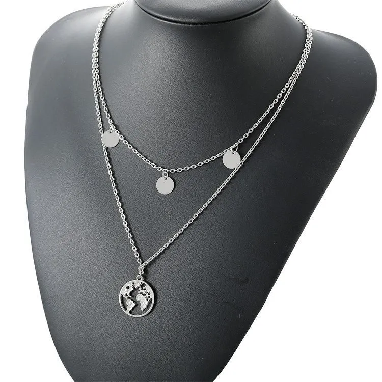 Collar con colgante de mapa del mundo multicapa moda_voghion.com
