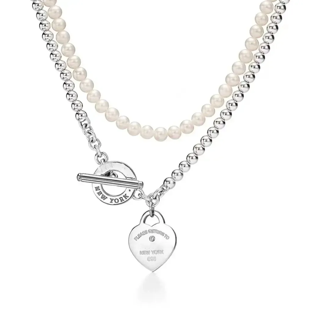 Collana di stilista di moda torna a ciondolo gioielli a forma di cuore catene a due piani con collane di perle festa oro rosa_voghion.com