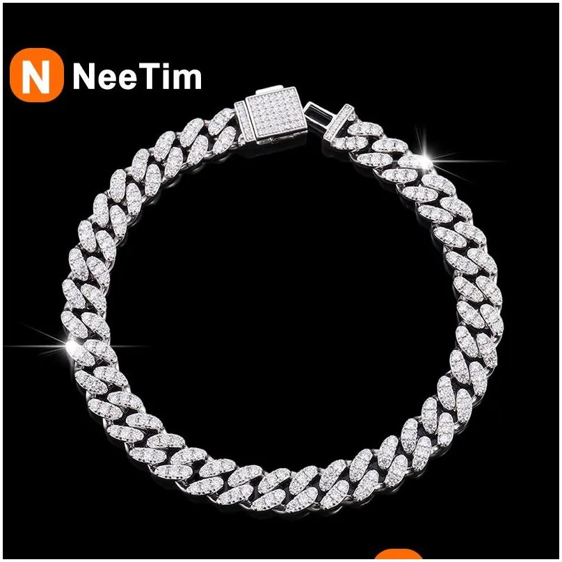Chains Neetim 6Mm Full Moissanite Hip Hop Men Women Cuban Chain Bracelets Sterling Sier With Gold Plated Bracelet Drop_voghion.com