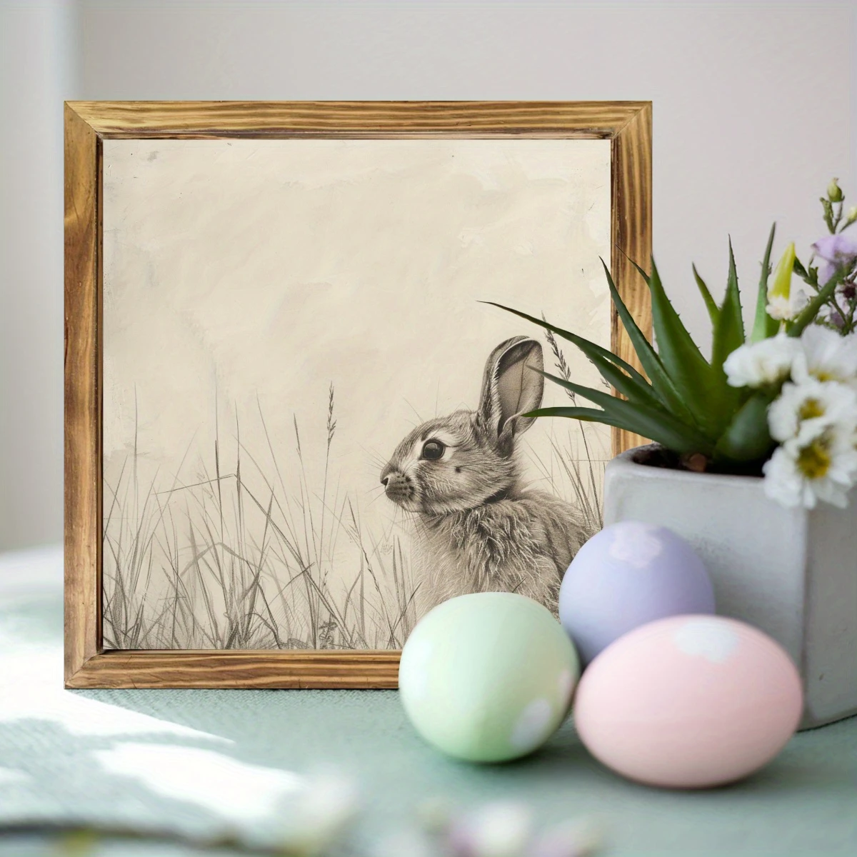 Decorațiune murală rustică cu iepuraș - semn înrămat în lemn de 20x20 cm cu iepure vintage. Decor perfect pentru casă sau ca și cadou de Paște._voghion.com