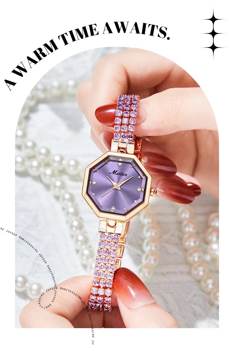 Meibin Instagram New Bracelet Octagonal Women's Jewelry Buckle Light Luxury Rose Gold Quartz Watch_voghion.com