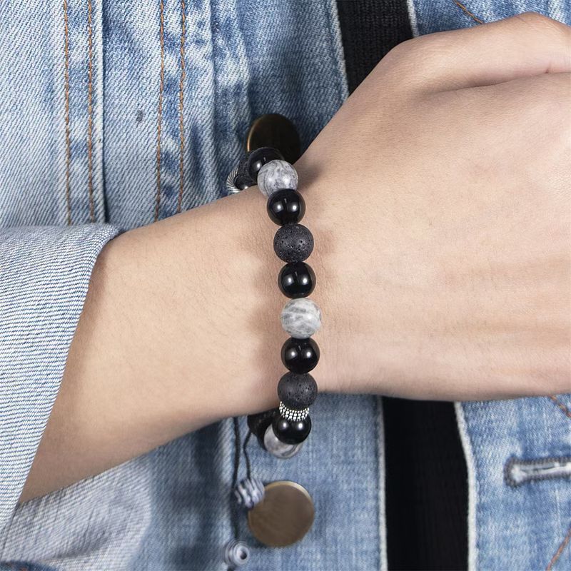 Brățară bărbătească reglabilă cu model de piatră vulcanică împletită, de înaltă calitate, cu design original, model fulg de zăpadă_voghion.com