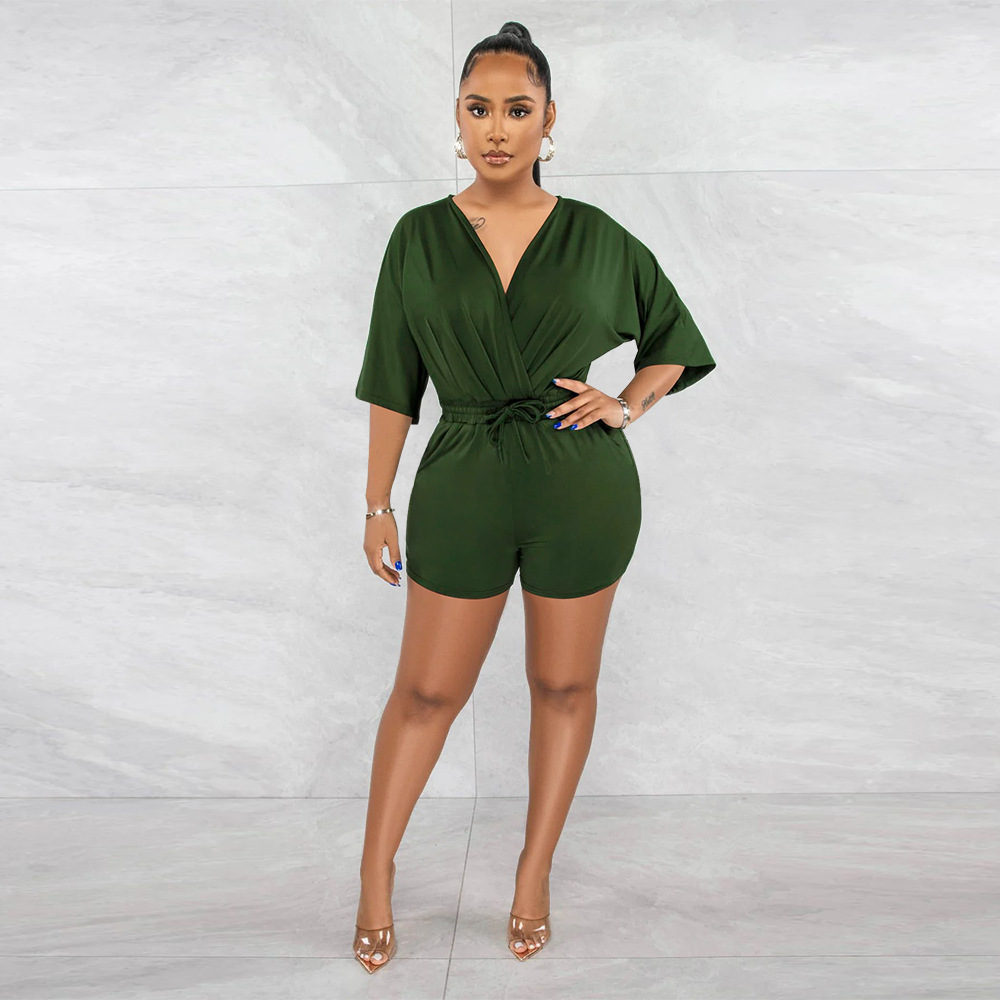 Women's V-neck Jumpsuit Solid Colour Waist Casual Short Romper_voghion.com
