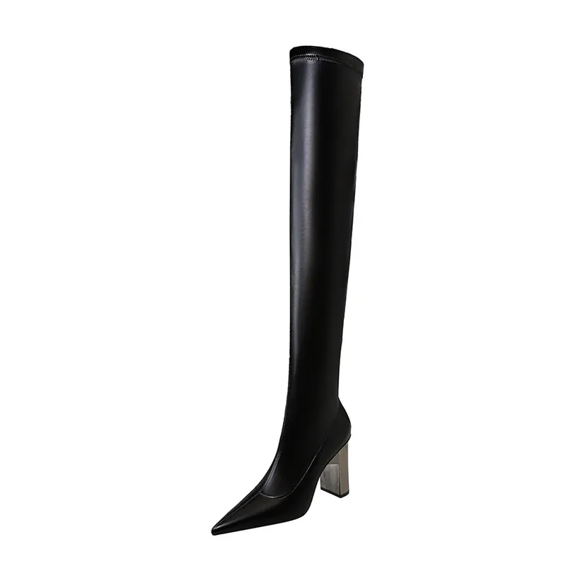 Brand Women Leather Thigh Thick High heels Stretch Skinny Over the knee boots Autumn Winter Warm Female Boots Shoes_voghion.com