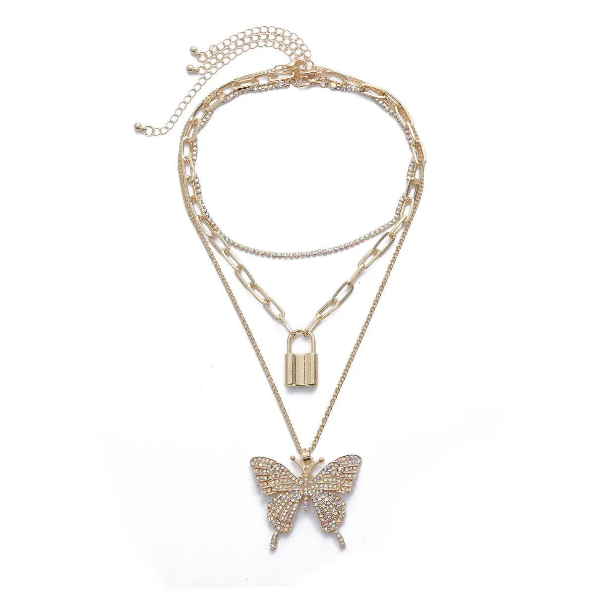 Iced Out Chains Κολιέ με πεταλούδα χρυσό Γυναικείο Link Κρεμαστό μενταγιόν με κρύσταλλο Rhinestone Κλειδαριά για ζώα_voghion.com