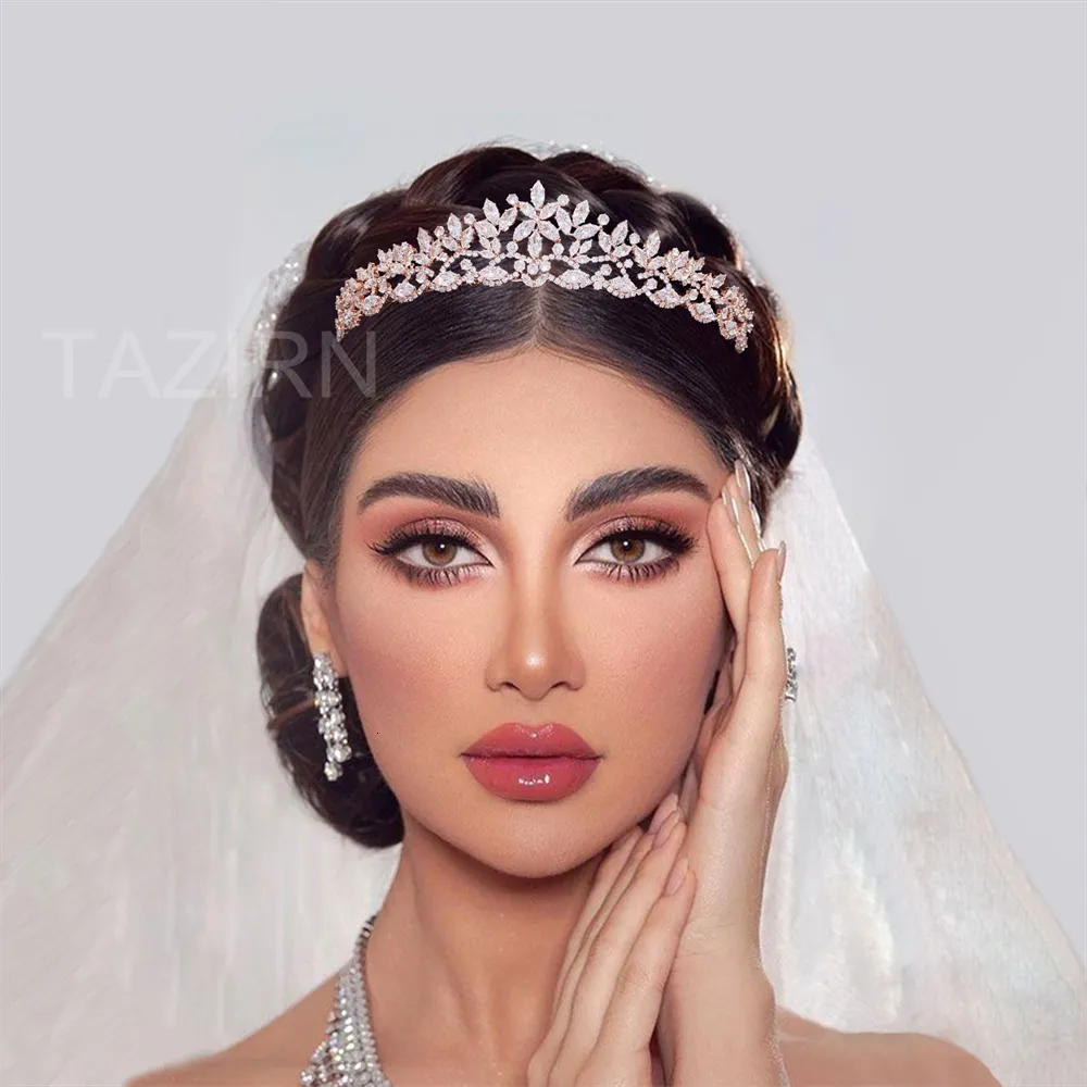Bijoux TAZIRN Petites couronnes de mariée florales en zircone cubique Diadèmes faits à la main en CZ Coiffe de mariée Bal Fête d'anniversaire_voghion.com