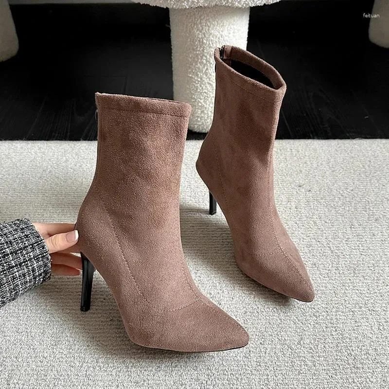 Casual Shoes Women's High Heels 2024 Autumn And Winter Warm Pointed Toe Back Zipper Stiletto Heel Short Boots_voghion.com